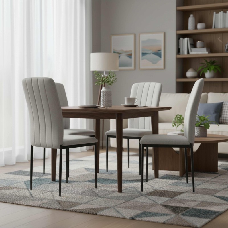 Comedor con mesa de madera oscura y sillas tapizadas en gris claro con costuras verticales y patas metálicas negras