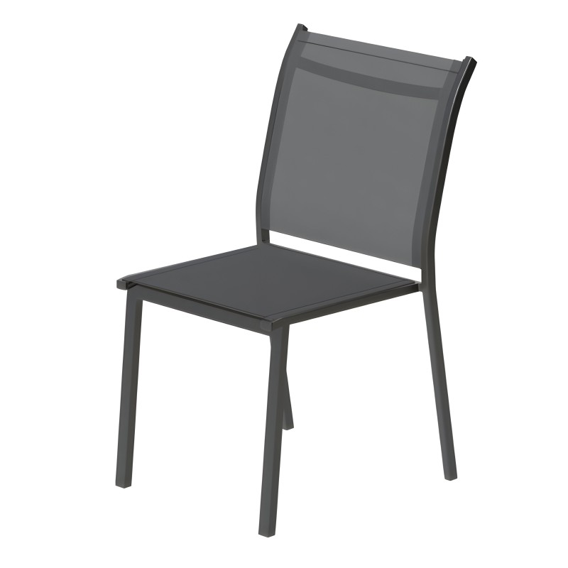 Silla de aluminio gris oscuro con respaldo de malla y asiento acolchado vista frontal
