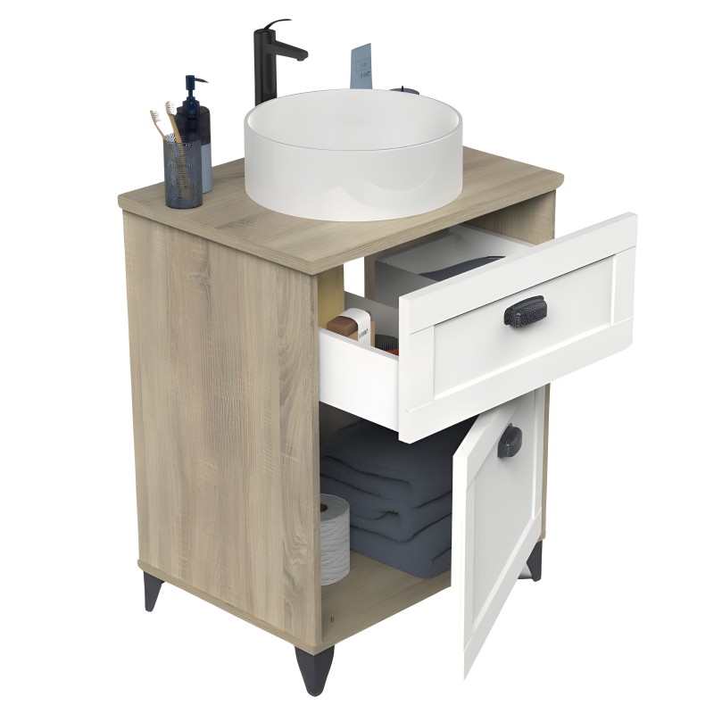 Mueble lavabo con encimera de madera y lavamanos redondo blanco y grifo negro con cajón y puerta abierta
