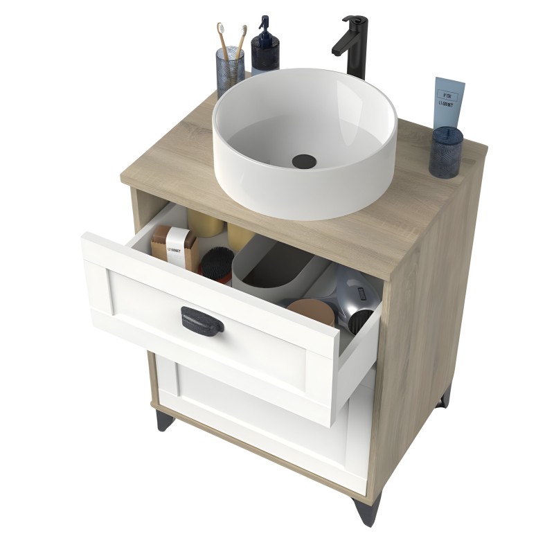 Mueble lavabo con estructura madera y blanco con lavamanos redondo blanco y cajón abierto mostrando almacenamiento