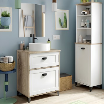 Mueble lavabo con estructura blanca y madera natural dos cajones y espejo en ambiente de baño