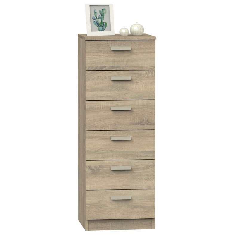Cómoda vertical con 6 cajones en madera clara y tirador metálico plateado. Vista frontal completa