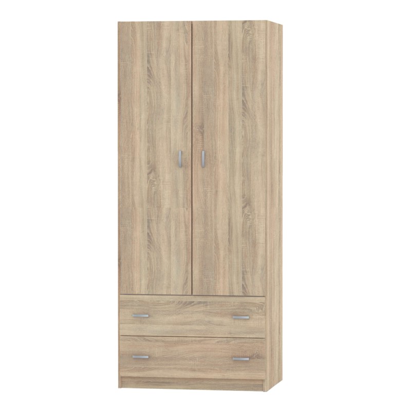 Armario de madera clara con dos puertas y dos cajones inferiores y tiradores metálicos