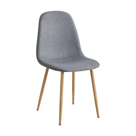 Silla de comedor con respaldo redondeado tapizado en gris y patas de madera natural