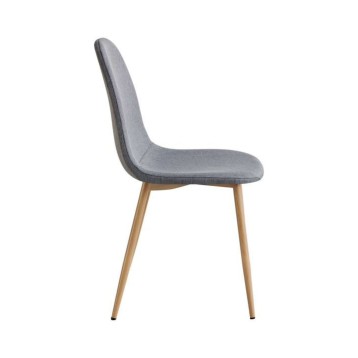 Silla de comedor tapizada en gris con respaldo curvo y patas de madera natural vista lateral