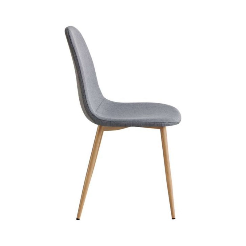 Silla de comedor tapizada en gris con respaldo curvo y patas de madera natural vista lateral