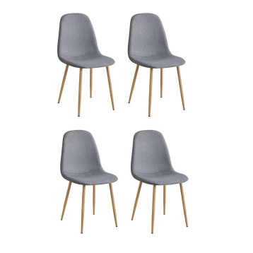 Juego de cuatro sillas tapizadas en gris con respaldo ergonómico y patas de madera natural