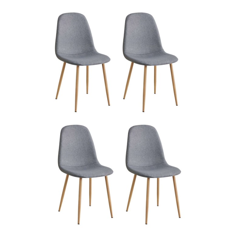 Juego de cuatro sillas tapizadas en gris con respaldo ergonómico y patas de madera natural