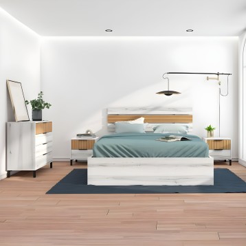 Dormitorio moderno con cama de madera blanca y cabecero de listones naturales ropa de cama verde y ambiente minimalista