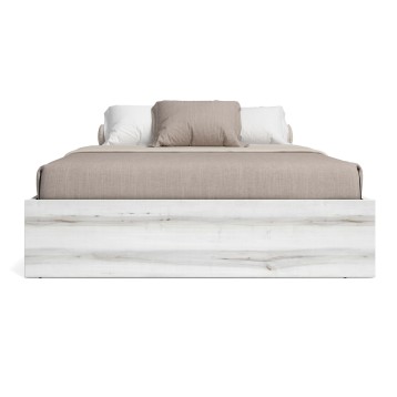 Cama con estructura blanca efecto madera y ropa de cama beige y blanca vista frontal