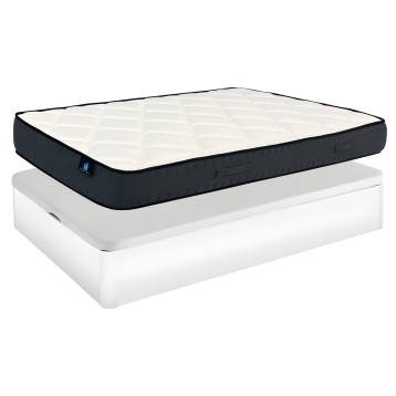 Colchón acolchado con núcleo negro y funda blanca sobre base blanca en vista de conjunto del producto