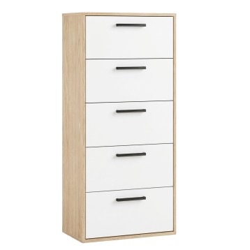 Cómoda de madera natural y blanco con cinco cajones y tiradores negros