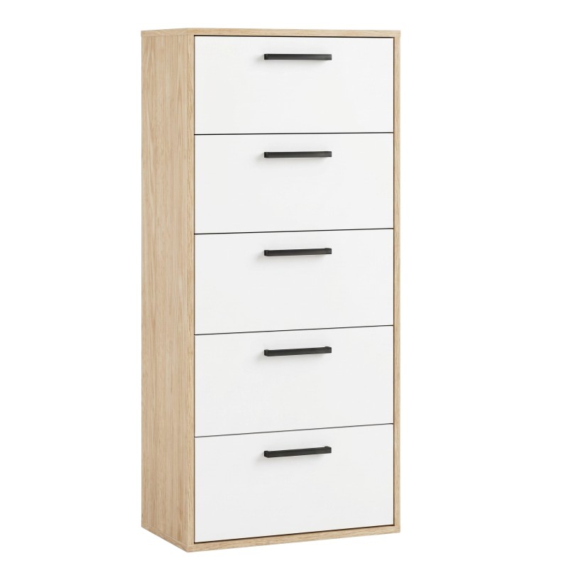 Cómoda de madera natural y blanco con cinco cajones y tiradores negros