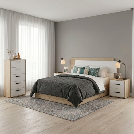 Dormitorio moderno con cama de madera y cabecero blanco y mesitas de noche a juego y cómoda de cinco cajones