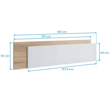 Cama con cabecero de madera natural y panel blanco vista de dimensiones técnicas