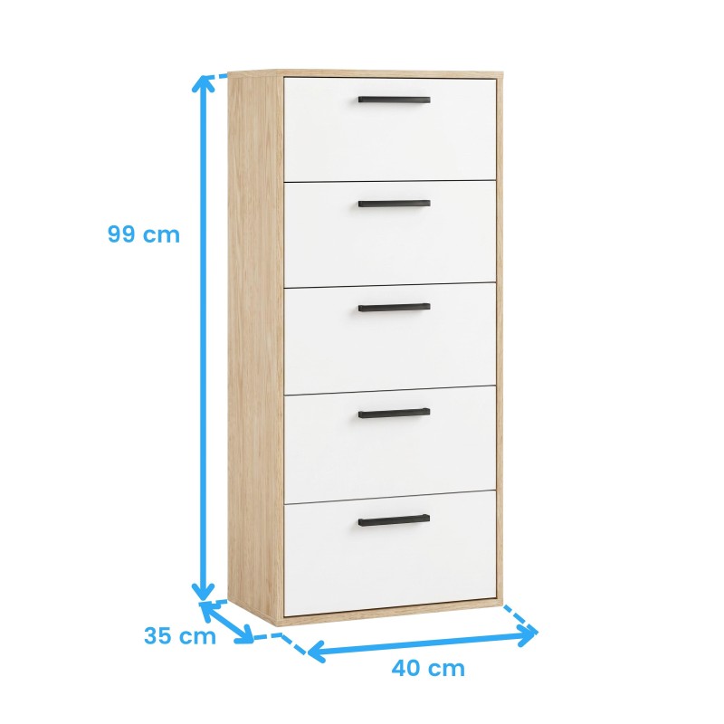 Cómoda de 5 cajones con frente blanco y estructura en madera natural con tiradores negros
