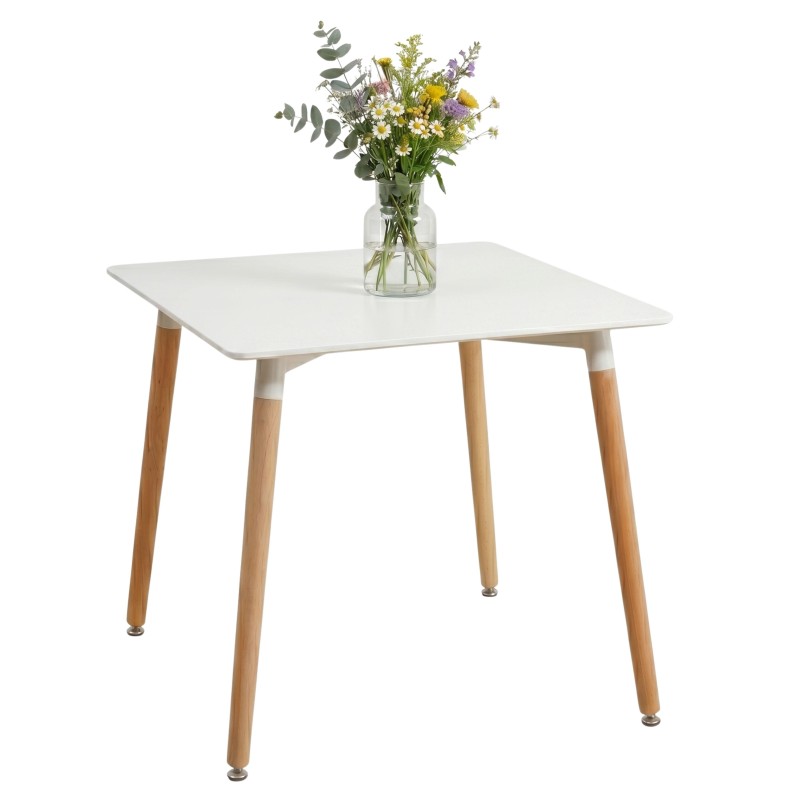 Mesa cuadrada con tablero blanco y patas de madera natural estilo escandinavo