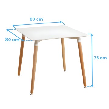 Mesa cuadrada blanca con patas de madera y remates metálicos vista frontal con medidas