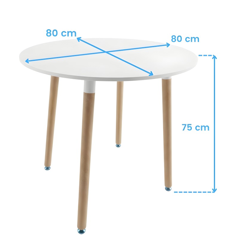 Mesa redonda blanca con tablero de 80 cm y patas de madera natural con detalle de medidas