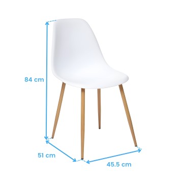 Silla con asiento blanco moldeado y patas de madera natural estilo nórdico vista frontal con medidas