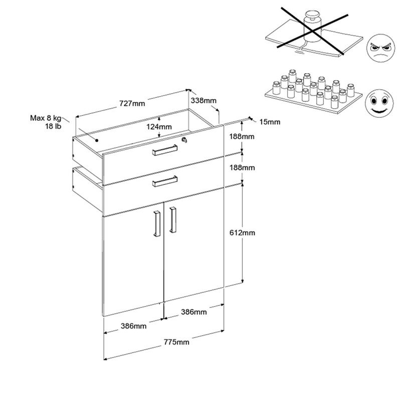 Mueble bajo con dos cajones y puerta con asas metálicas y superficie abierta superior. Vista técnica con dimensiones y especific