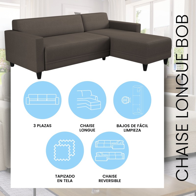 Sofá chaise longue Bob de 3 plazas tapizado en tela gris, con chaise reversible, patas altas y bajos de fácil limpieza.