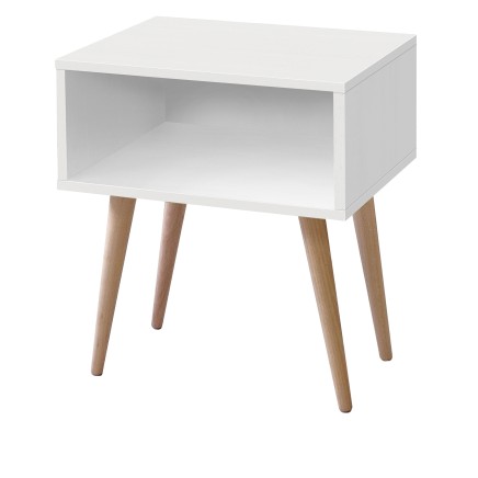 Mesita de noche blanca con hueco abierto y cuatro patas de madera inclinadas.