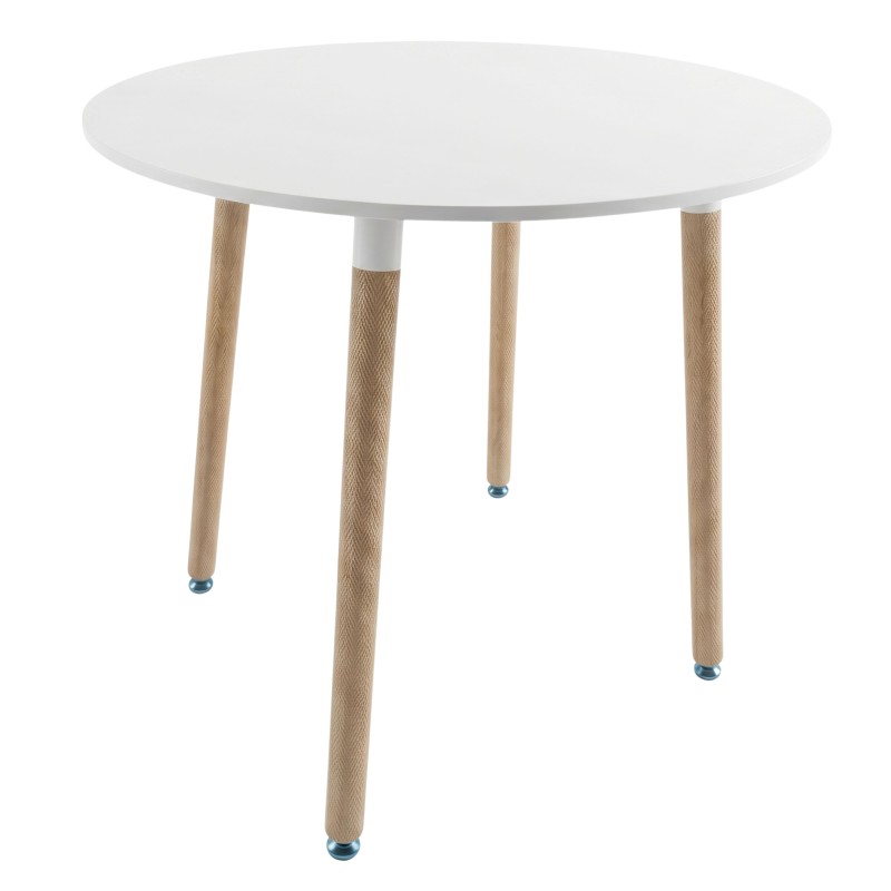 Mesa redonda blanca con patas de madera natural y detalles metálicos azules