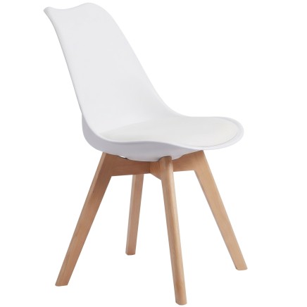 Silla de comedor asiento blanco acolchado y respaldo ergonómico con patas de madera natural