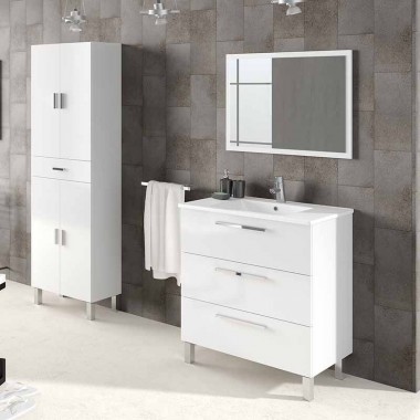 Mueble para Baño con Lavabo + Armario Blanco Brillo (Incluye Lavabo y  Espejo) 