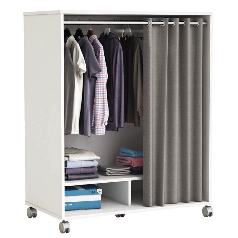Mueble ropero con ruedas barra y 2 compartimentos con cortina gris Mueble ropero con ruedas barra y 2 compartimentos con cortina gris