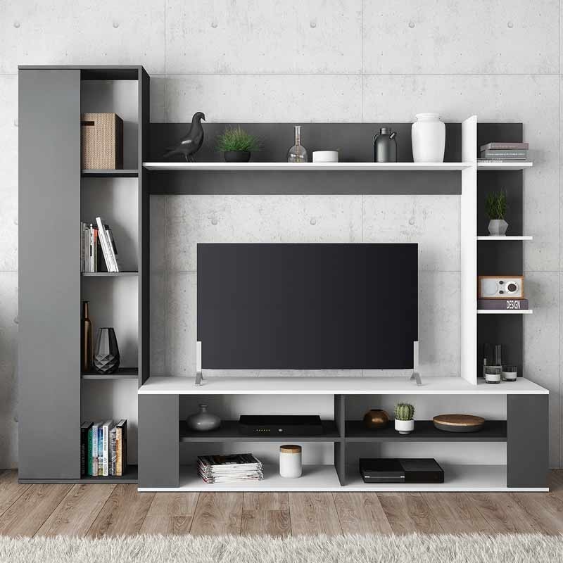 Mueble TV salón Nest blanco y gris moderno 224x44x180 cm Mueble TV salón Nest blanco y gris moderno 224x44x180 cm