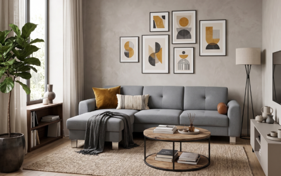 Salón moderno decorado con sofá chaise longue gris, mesa de centro de madera, alfombra beige, lámpara de pie, cuadros modernos y planta de interior.