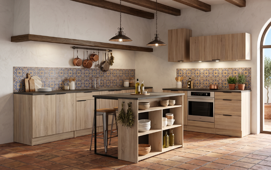 Cocina de estilo mediterráneo con muebles de madera, isla central y azulejos decorativos azules