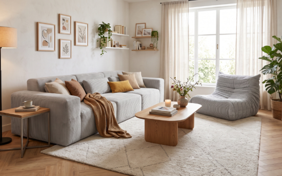 Salón acogedor con sofá gris claro, sillón auxiliar y decoración en tonos cálidos