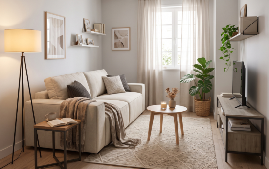 Salón pequeño con sofá beige, mueble de televisión y decoración funcional