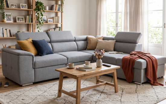 Salón familiar con sofá chaise longue gris, cojines y mesa de centro de madera