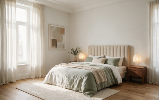 Dormitorio japandi con cabecero Bursa de tela beige acolchado en canales, ropa de cama verde salvia y alfombra de lana
