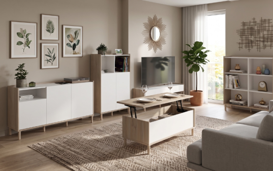 Sala de estar moderna y acogedora con muebles de madera clara y blanco, comedor incorporado en la mesa de centro elevable y decoración botánica.