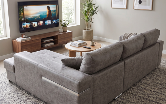 Salón moderno con sofá chaise longue gris visto desde atrás, mueble de televisión de madera, mesa de centro redonda y decoración en tonos neutros.